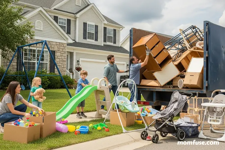 Bulky furniture, broken dressers, playsets, and toddler gear being organized for disposal.