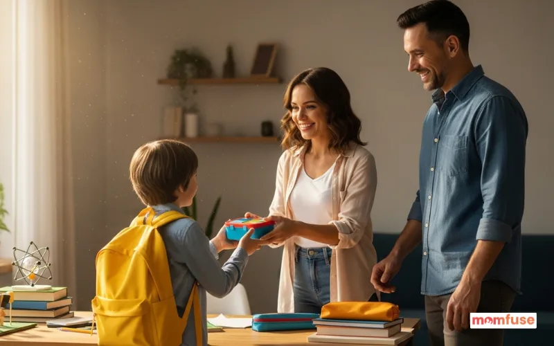 Parents exchanging child during a peaceful home pickup, backpacks and school items visible.