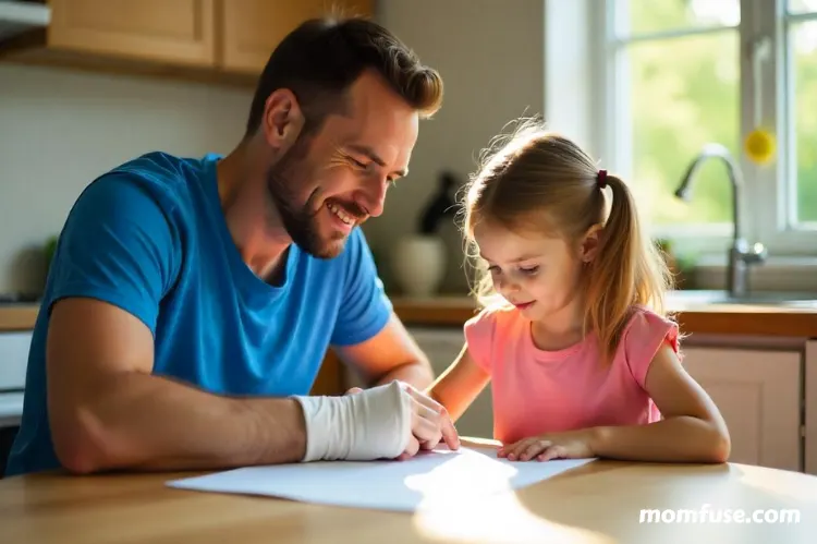 A father with a sprained wrist helping a child with homework at a table.