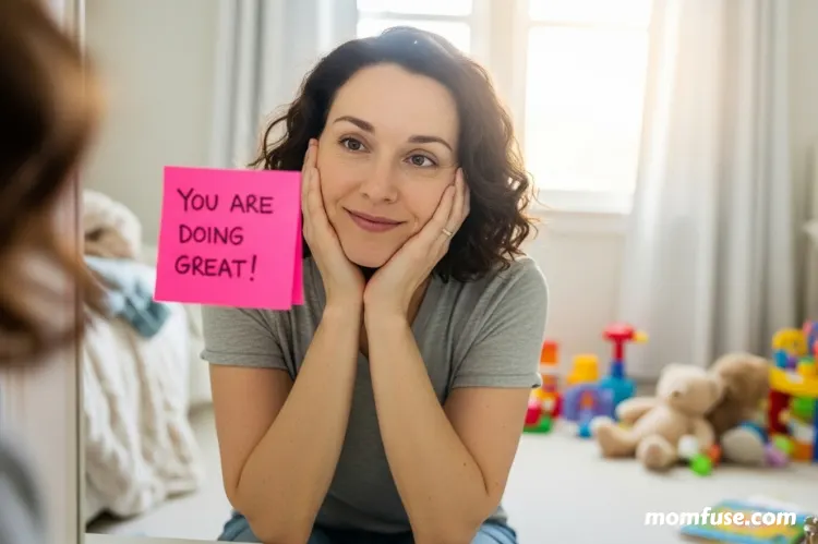 A mom looking into a mirror with a sticky note on it that reads.