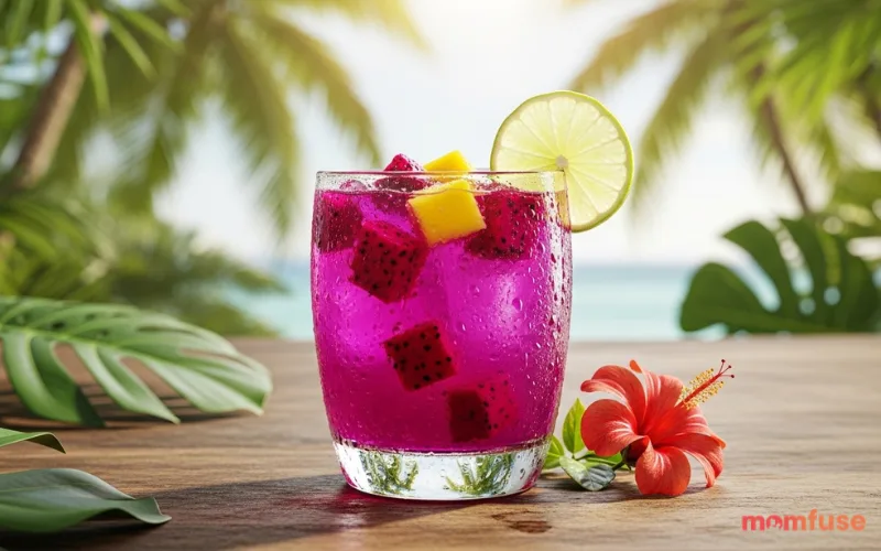 “mango dragonfruit refresher with dragonfruit pieces, bright purple drink, tropical vibe”