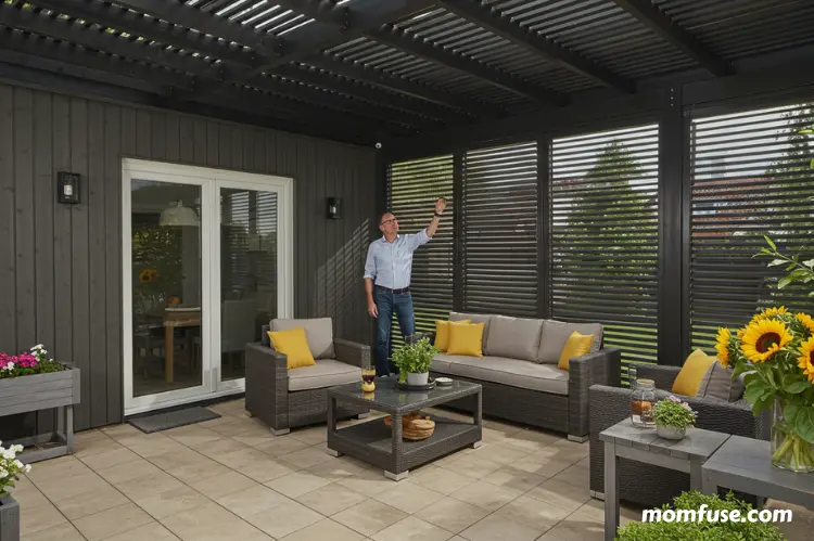Cozy outdoor patio with a manual K-BANA™ pergola, person adjusting louvers by hand.