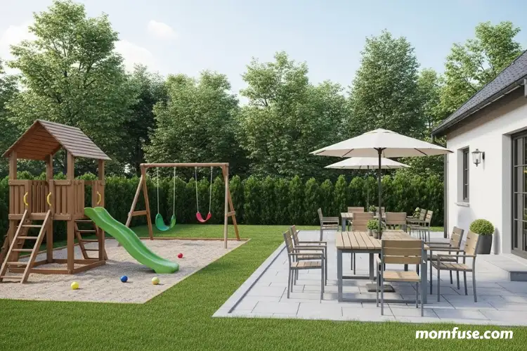 A well-organized backyard divided into simple zones: kids play area near the house.