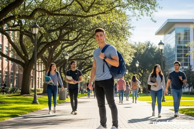 Student standing at university campus pathway with backpack.