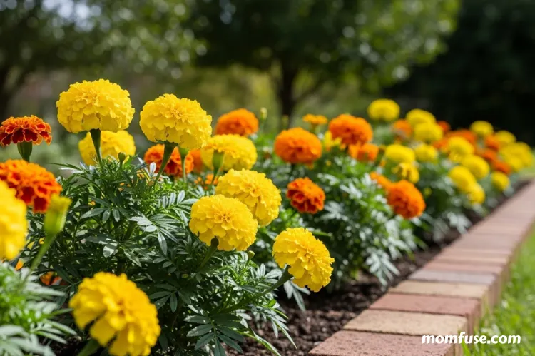 Bright yellow and orange marigold flowers blooming in a garden bed.