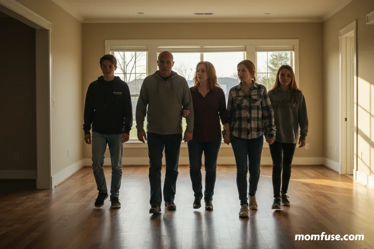 A family walking through an empty home one last time.