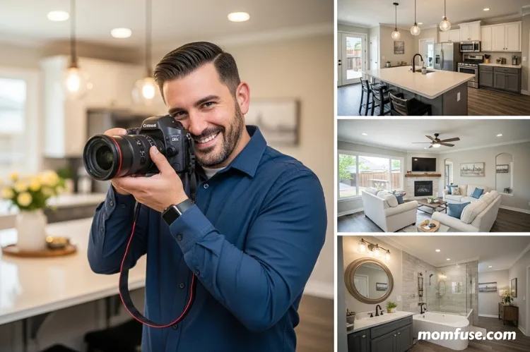 A real estate agent taking professional photos of a modernized family home.