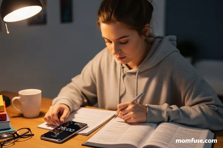 Student using a timer smartphone while studying.