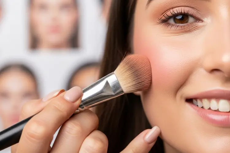 A makeup artist’s hand gently applying blush with a soft brush on smiling cheeks.