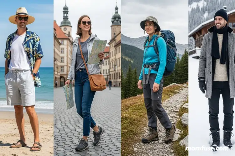 Four different travel outfits representing different destinations.