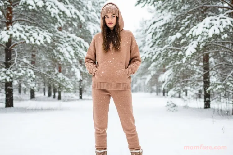 A woman wearing a premium knit matching tracksuit.