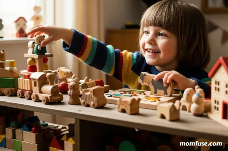 Child choosing favorite wooden toy from shelf, smiling and engaged.