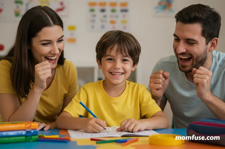 Happy child solving math problems with Parents at a desk smiling with confidence, colorful background.
