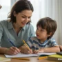 A mother and child sitting together at a study desk with math books.