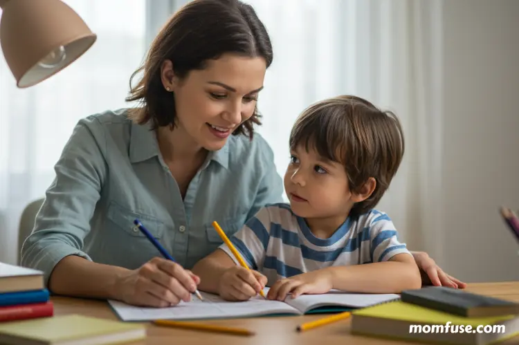A mother and child sitting together at a study desk with math books.