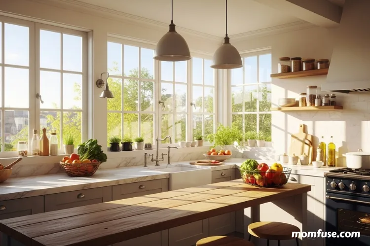 A kitchen with large windows letting in bright sunlight.