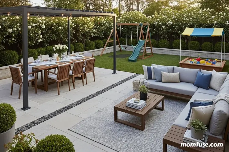 A well-organized patio layout with separate zones for dining, lounging, and kids’ play area.