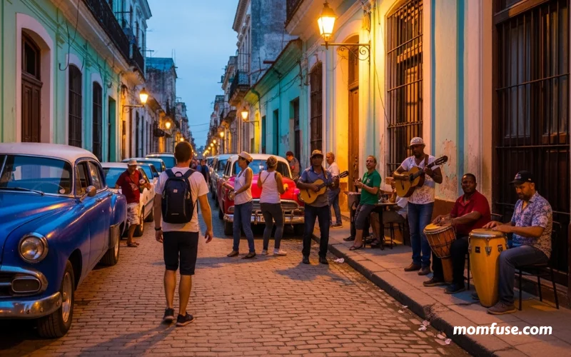Traveler exploring Cuban streets with musicians playing in background.