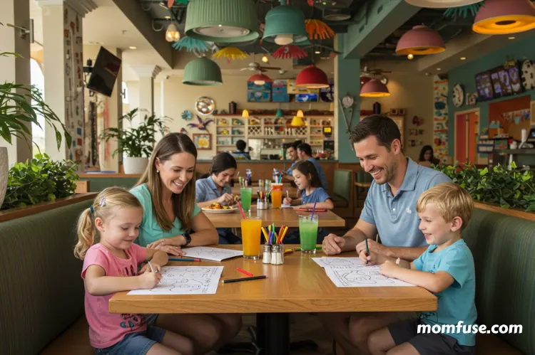 A family with kids sitting at a restaurant table in Orlando, children drawing in coloring books.