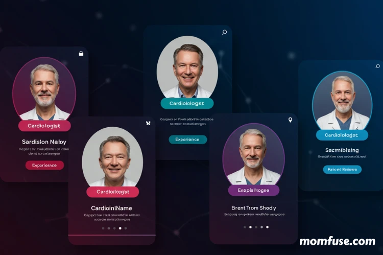 A sleek, futuristic UI mockup of a medical search engine showing profiles of cardiologists