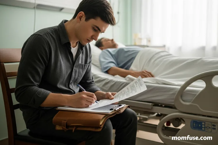 A person sitting beside a hospital bed, reviewing medical documents.