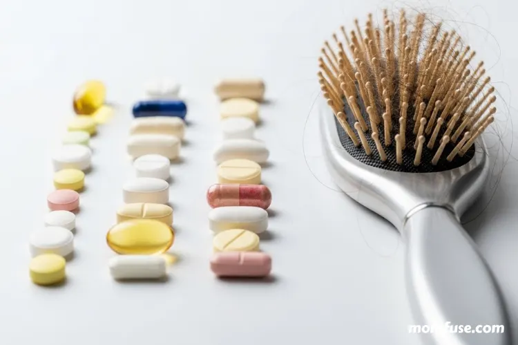 A conceptual medical image showing prescription pills beside a hairbrush with shed hair.