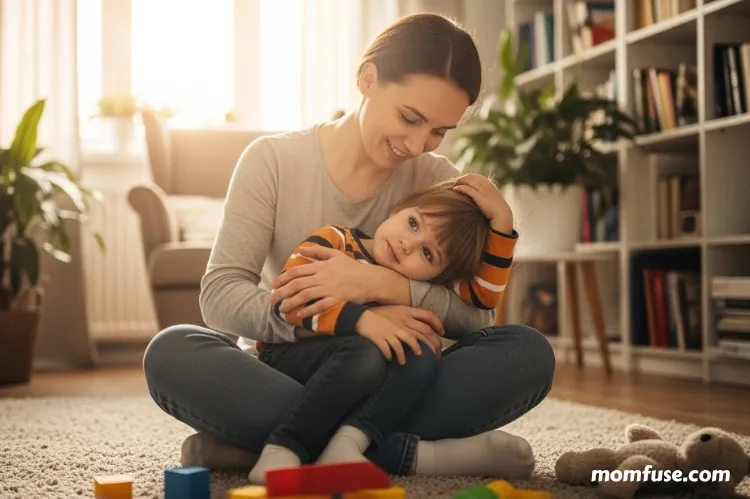 A warm, emotional lifestyle photograph of a mother and child sitting on the floor at home.