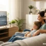 A lifestyle editorial photograph of a parents and child watching a home video together on a TV.