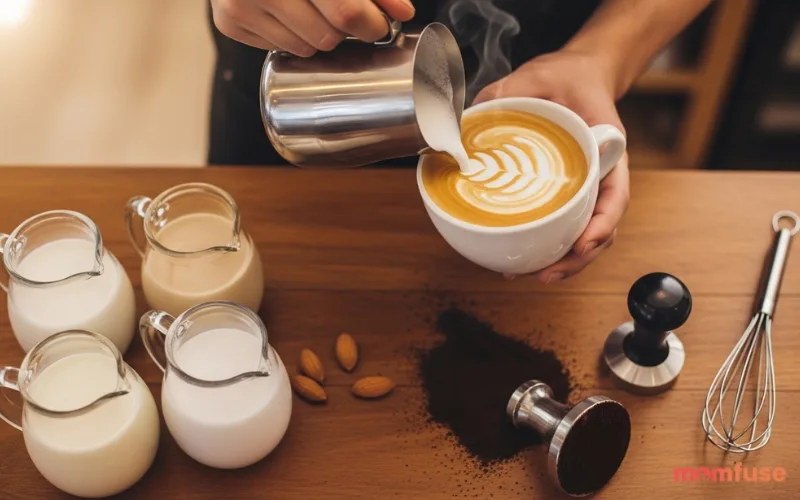 “different milk options in coffee, oat milk, almond milk, coconut milk, latte preparation aesthetic”