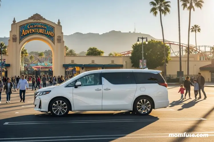 A spacious modern minivan parked near a Los Angeles theme park entrance.