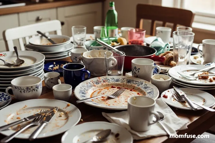 A chaotic kitchen table filled with mismatched dishes.