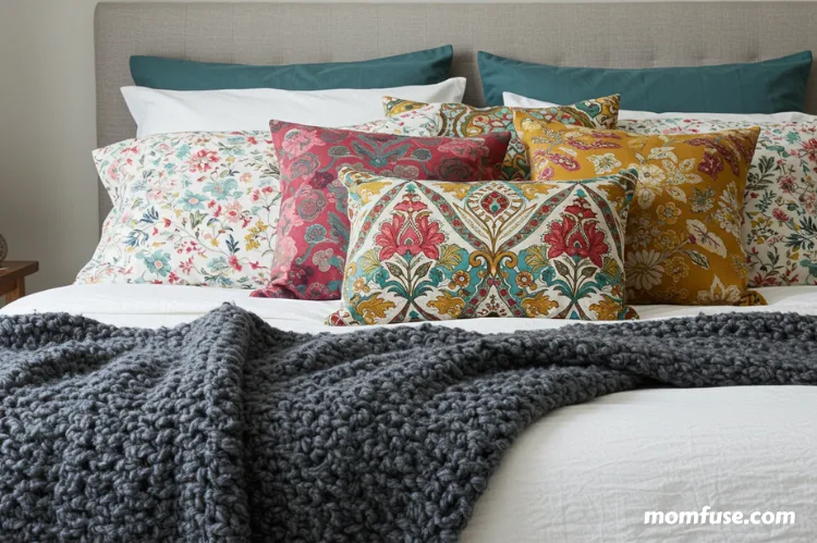 A layered bed with a quilt, throw blankets, colorful and patterned decorative pillows.