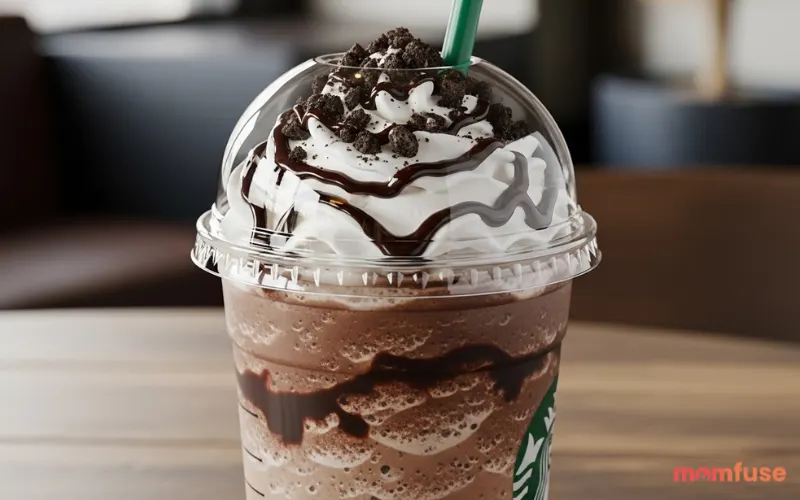 “mocha cookie crumble frappuccino with cookie topping, chocolate texture, indulgent look”