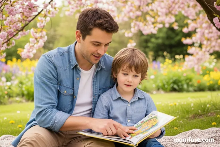 A father and child reading a book together outdoors. -eye health tips for kids