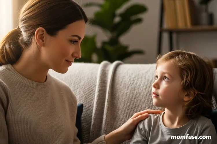 An woman gently reflecting to a child, showing emotional honesty.