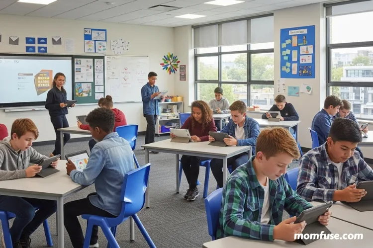 Modern diverse classroom with students learning using tablets.