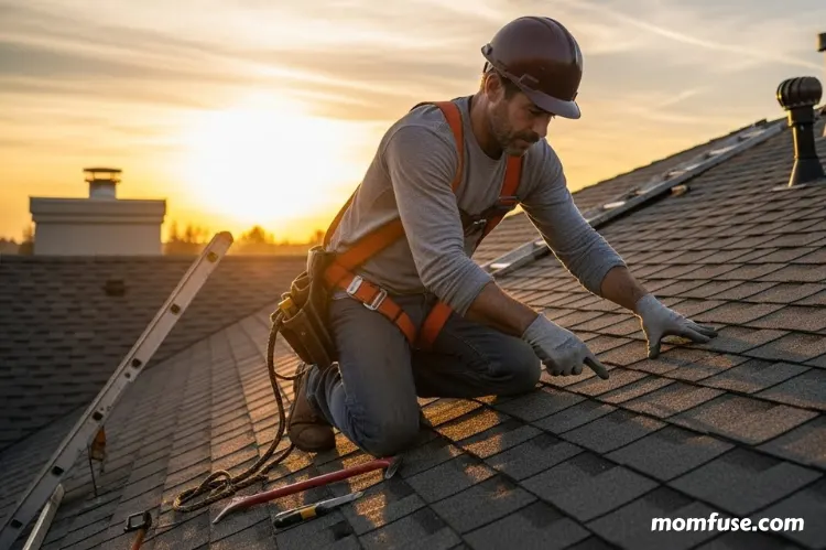 A skilled roofer wearing safety gear stands on a residential roof at golden hour inspecting shingles.