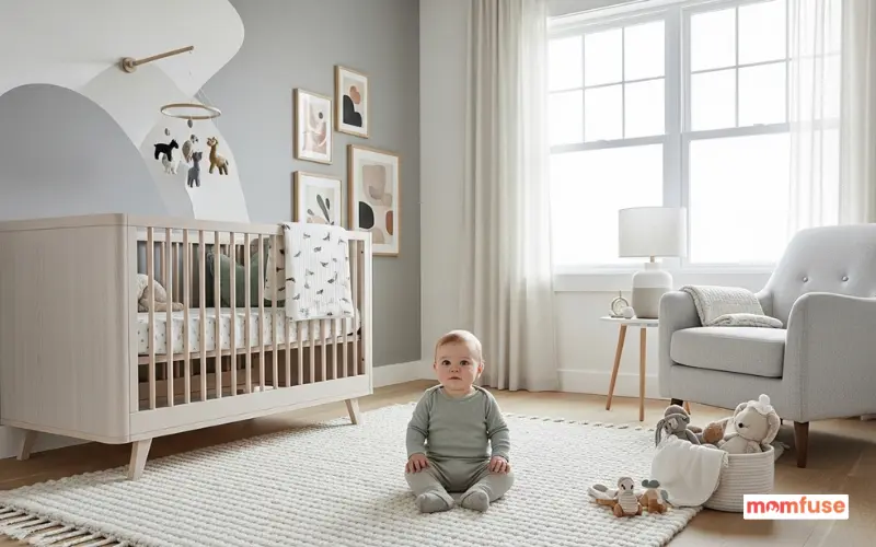 Stylish modern nursery with baby sitting on a soft rug, contemporary decor, bright natural light.