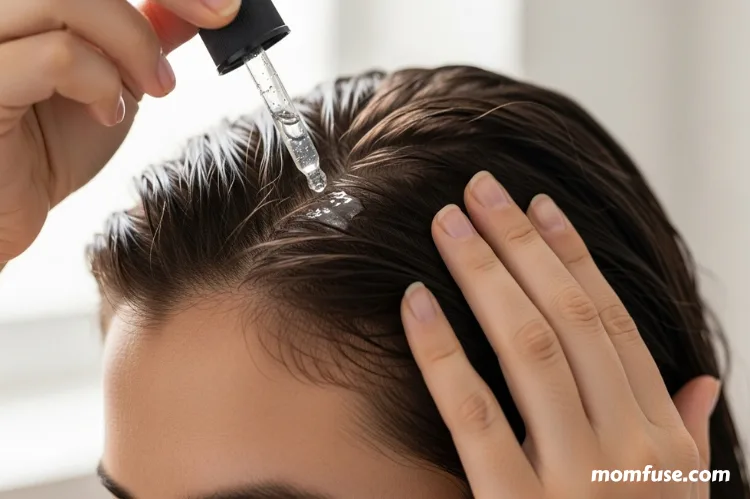 Woman applying scalp serum on damp hair, close-up scalp focus, hydrating skincare aesthetic.