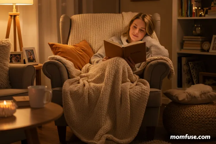 A cozy living room setting with a tired mother in a soft blanket reading a book.