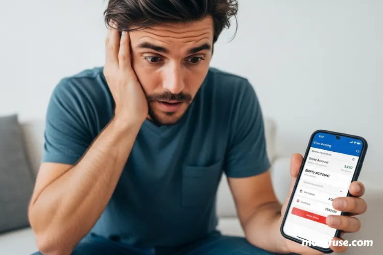 A man looking at an empty bank account on a phone screen.