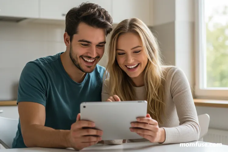 A young couple smiling while checking their credit score on a tablet
