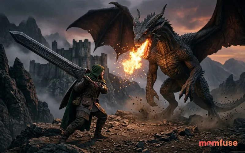 “epic hunter battling giant dragon, massive weapon, fire sparks, dramatic scale, cinematic game scene”