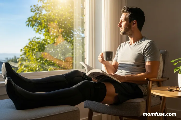 Bright morning scene showing a man wearing compression boots, sitting near a window.