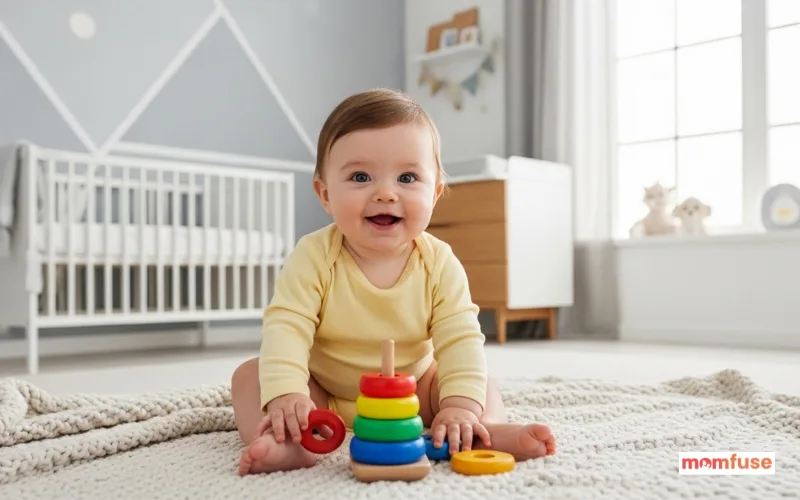 Happy baby sitting on a blanket, bright modern nursery, soft natural lighting.