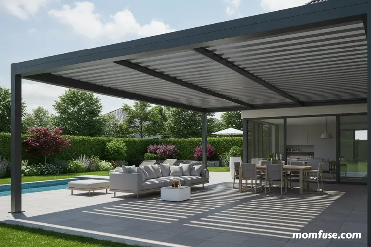 Luxury backyard with a motorized pergola R-BLADE™, louvers moving automatically.