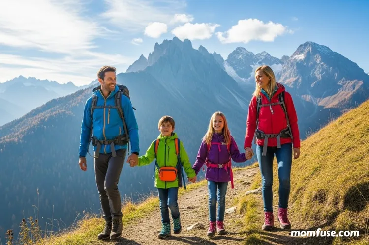 A happy family hiking together in scenic mountains, parents and children wearing outdoor gear.