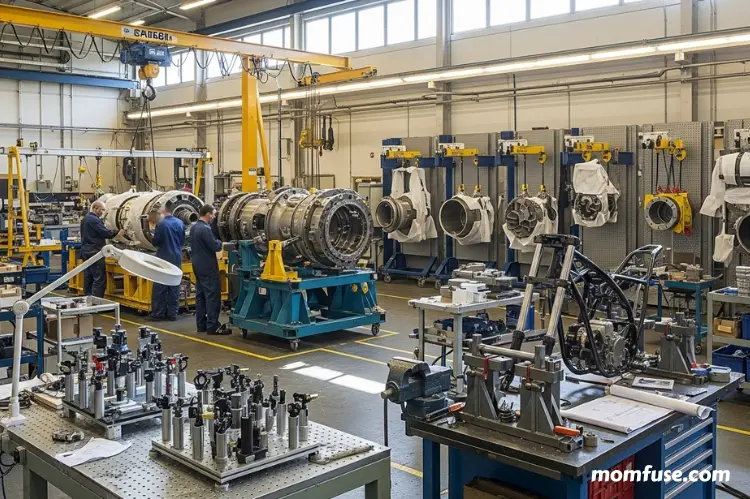 A large workshop showing multiple mounting setups.