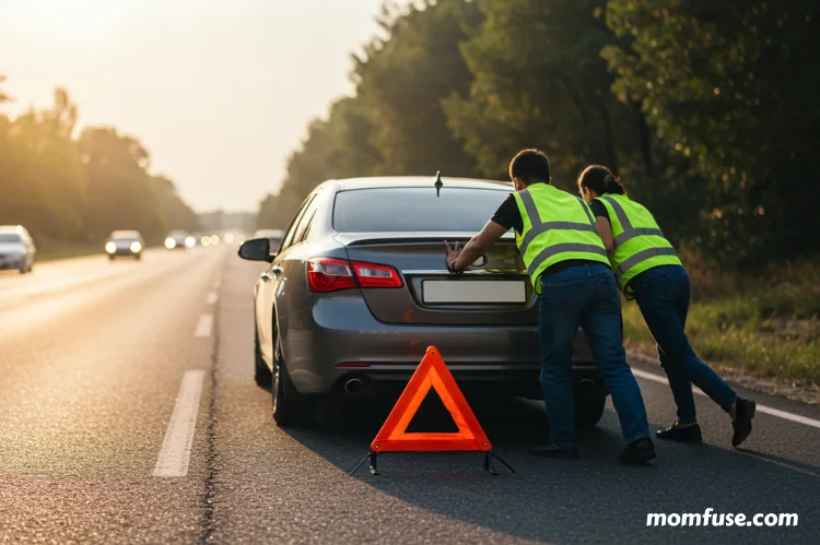 Car with hazard lights on being carefully pushed to the roadside after a minor accident.