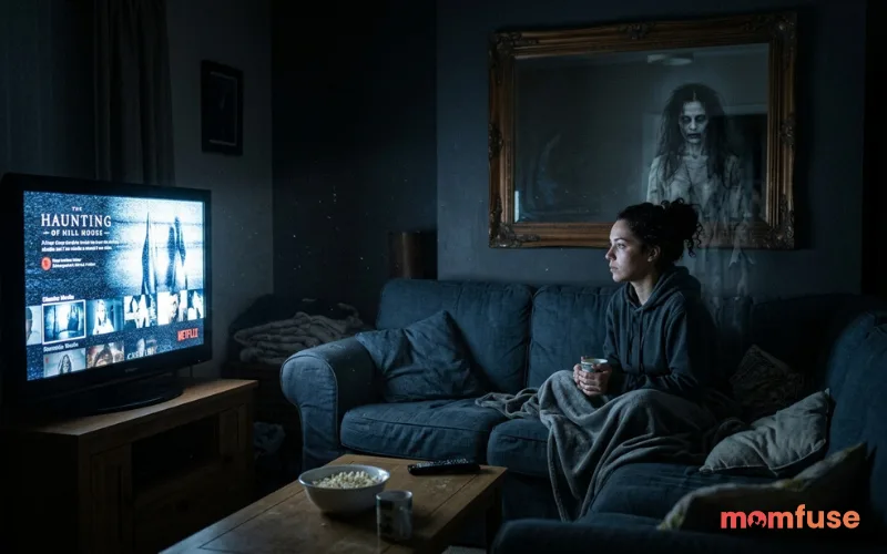 Dim living room with TV flickering, ghost reflection appearing behind couch, realistic lighting, suspenseful cinematic mood